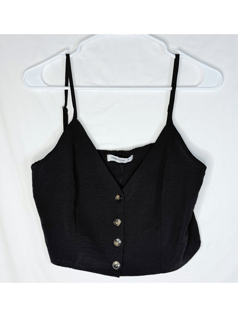NWT Black Button Front Crop Cami L Spaghetti Strap 90s Y2K Minimalist